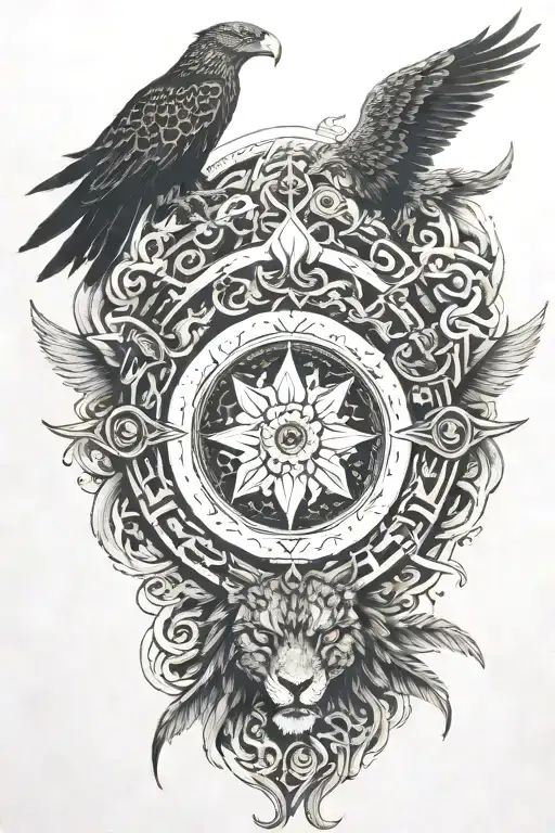gods eye in the center, serpent on bottom, jaguar on left, dragon on top, eagle on right, all circling gods eye tattoo design idea
