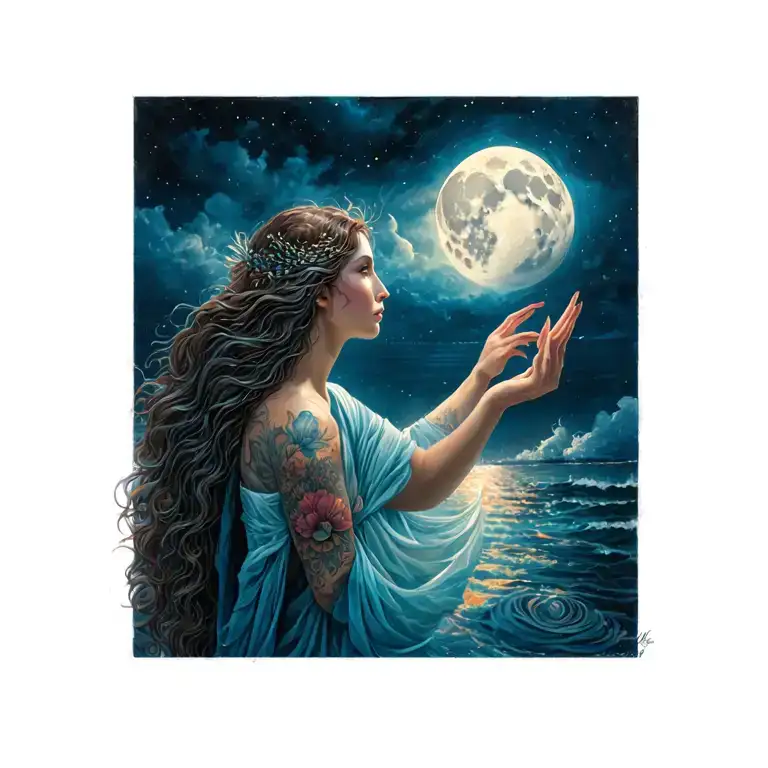 siren mother looking up at Pisces son waxing gibbous moon tattoo design idea