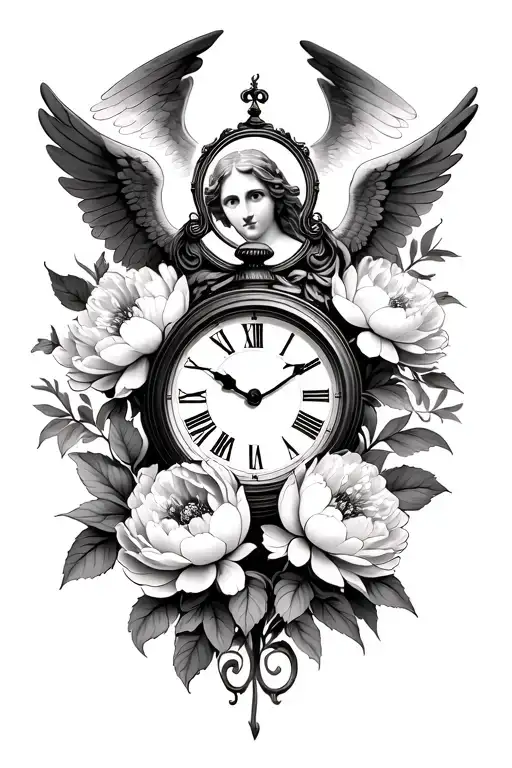  angel Gabriel, a clock, and peonies in full bloom tattoo design idea