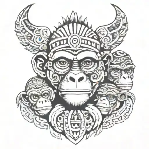  Aztec monkeys head and shoulders    Hear No Evil    See No Evil   Speak No Evil  tattoo design idea