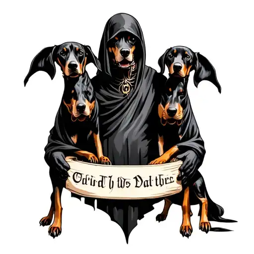 grim reaper holding 3 headed doberman tattoo design idea