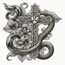 a snake is wrapped around a cross, and next to it is a three-leaf black clover tattoo design idea