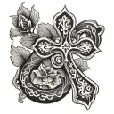 a snake is wrapped around a cross, and next to it is a three-leaf black clover tattoo design idea