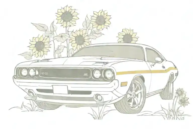 70's dodge challenger with sunflowers tattoo design idea