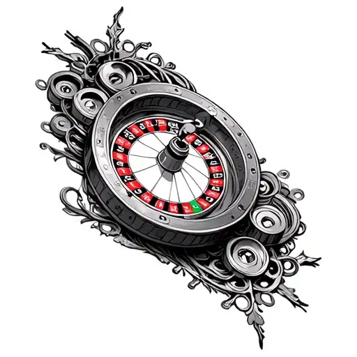 A detailed roulette wheel surrounded by a border of intricate motorcycle parts, representing the client's occupation as a gambler and love for motorbikes tattoo design idea