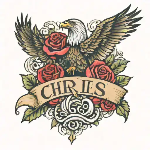 Chris name written with eagle and roses blooming tattoo design idea