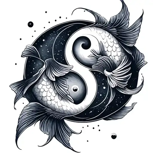 Pisces fish swimming creating round yin yang symbol with ith constellation  tattoo design idea