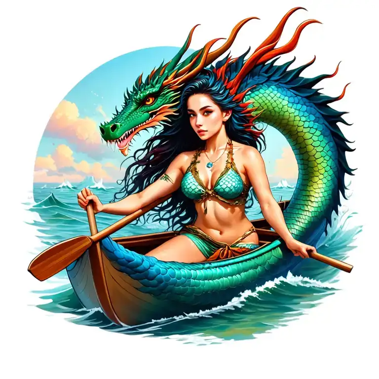 dragon boat rowing, ocean, mermaid, female marine tattoo design idea