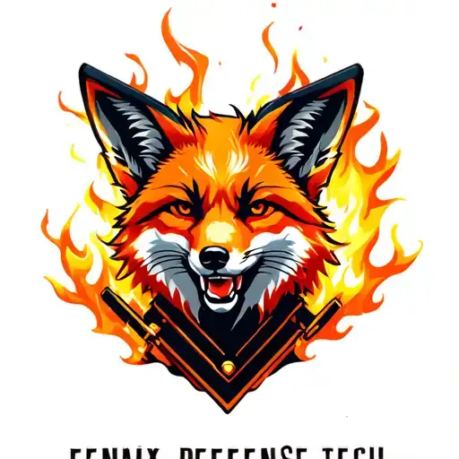 "Fenix Defense Tech" Fox wearing firefighter gear, surrounded by flames tattoo design idea