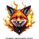 "Fenix Defense Tech" Fox wearing firefighter gear, surrounded by flames tattoo design idea