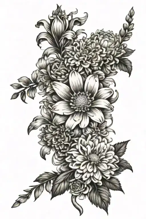 Daisy, carnation, chrysanthemum, larkspur flowers intertwined tattoo design idea