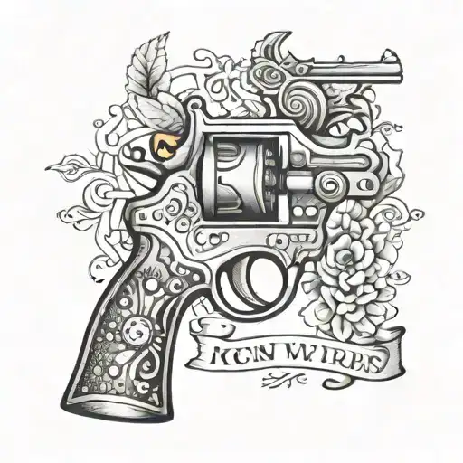 A vintage revolver with Rembert's and EST. 2010 name engraved on the handle tattoo design idea