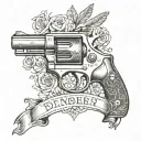 A vintage revolver with Rembert's and EST. 2010 name engraved on the handle tattoo design idea