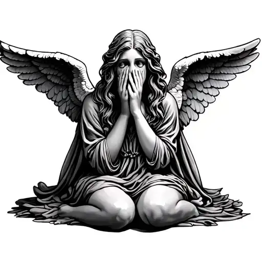 girl weeping angel sitting down with wings going up tattoo design idea