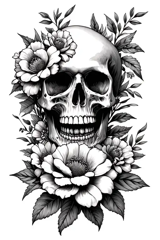 half Skull And Flower bouquet tattoo design idea
