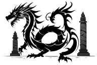 a dragon wrapping around five simple stone pillars, which are reminiscent of Germanc tribal totems. tattoo design idea