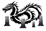 a dragon wrapping around five simple stone pillars, which are reminiscent of Germanc tribal totems. tattoo design idea