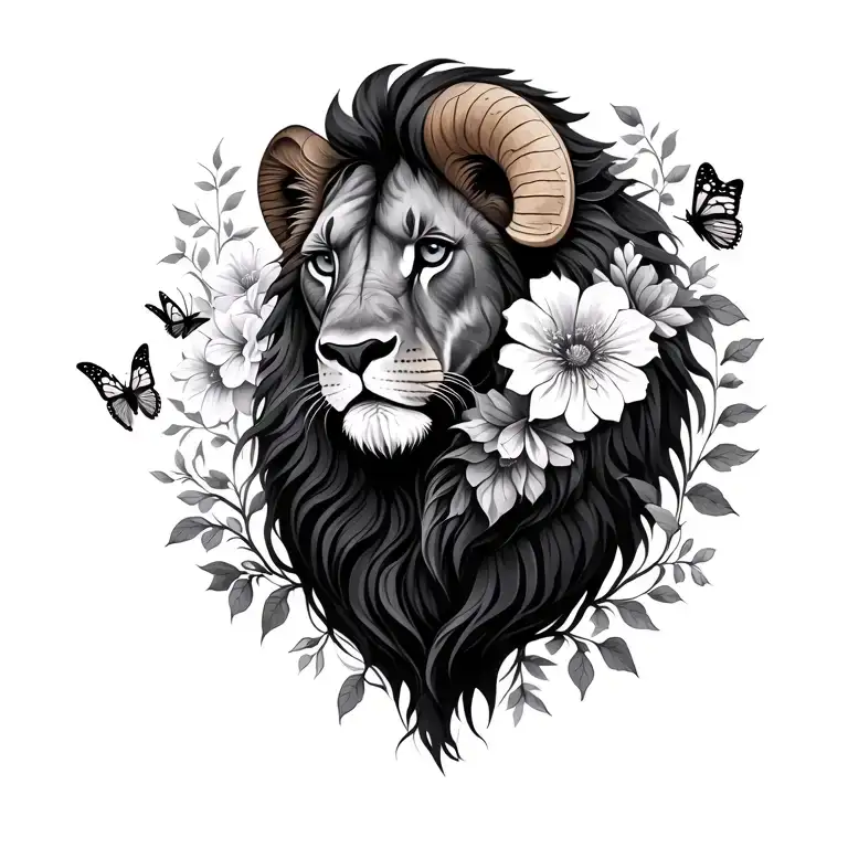 leo and aries animal with flowers vines and butterflies tattoo design idea
