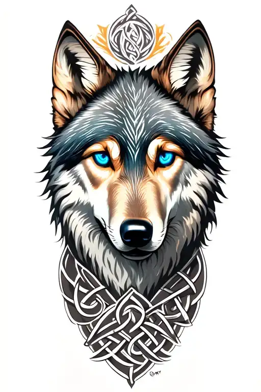wolf with blue eyes on armor tattoo design featuring Celtic trinity knot  tattoo design idea