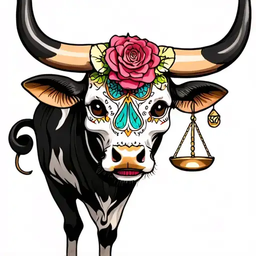 feminine bull with sugar skull markings, brown eyes and 2 Libra scales and dark background tattoo design idea