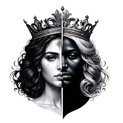half face man half face woman symmetrical with crown tattoo design idea