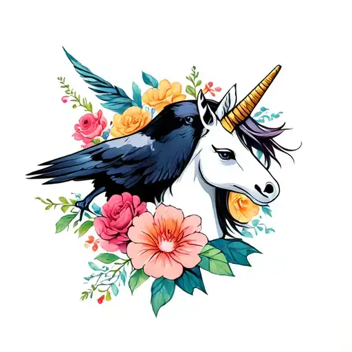 Create a tattoo with a unicorn, raven and a cut throat razor, flowers tattoo design idea