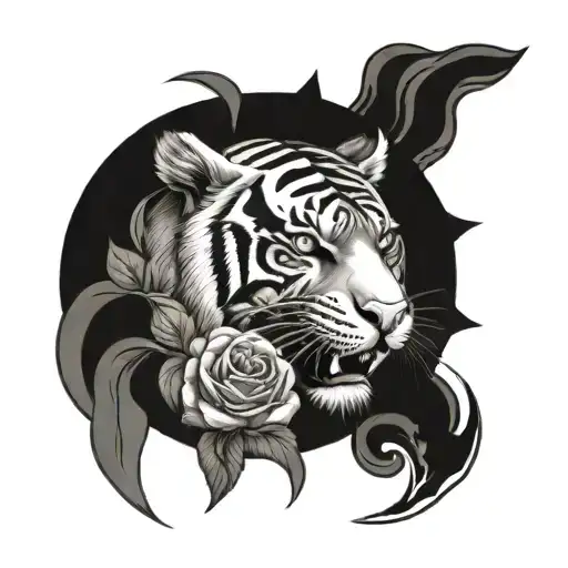 tiger black and white angry with head skulks and roses tattoo design idea