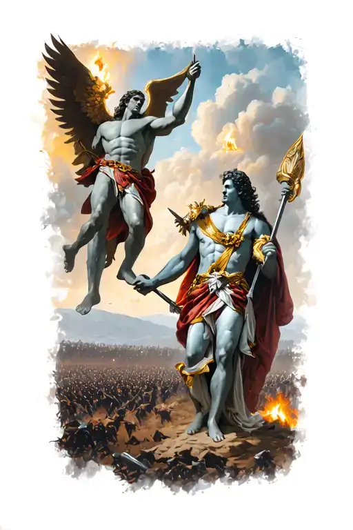 God Eros and God Ares with a battlefield in the background tattoo design idea