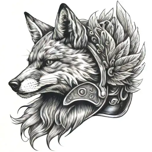 a red fox wearing a Valkyrie helmet,there are wings on the helmet, badass tattoo design idea