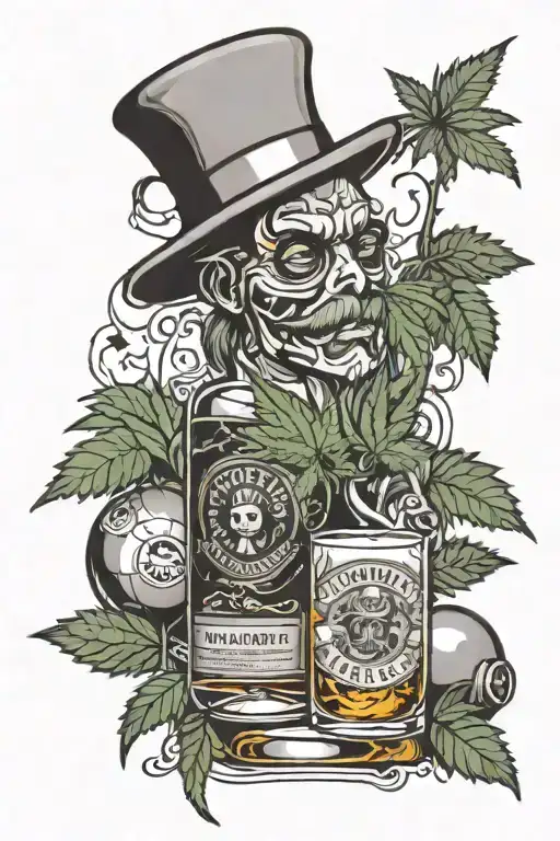 poolball, whiskey, a whore, cannabis leaves tattoo design idea