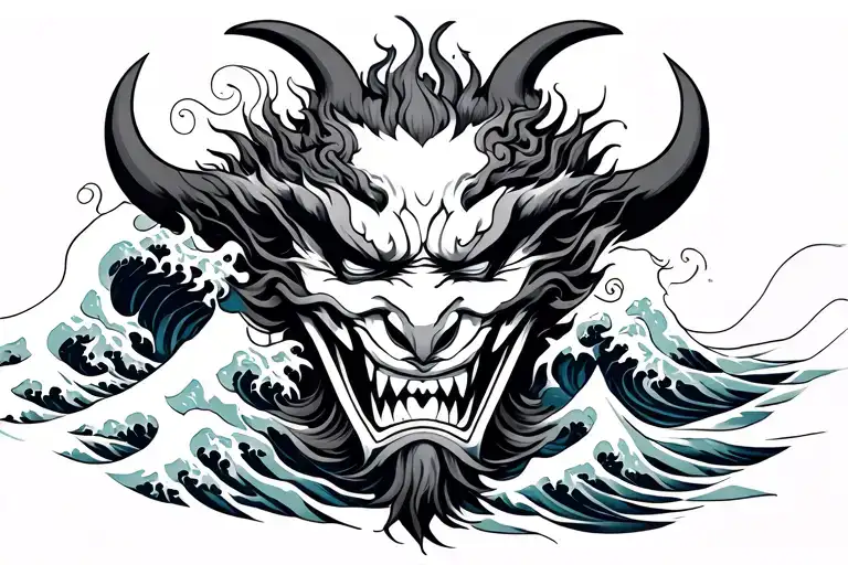 oni mask great wave tattoo design idea