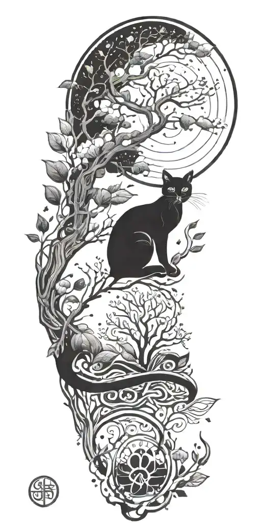 A tattoo design inspired by the client's spiritual vibes and holistic beliefs, featuring a serene cat meditating under a tree of life, with celestial symbols representing astrology and the client's zodiac sign, Libra tattoo design idea