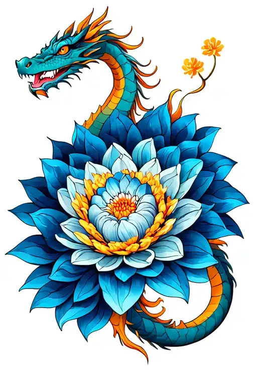 dragon and blue dahlia flower tattoo design idea