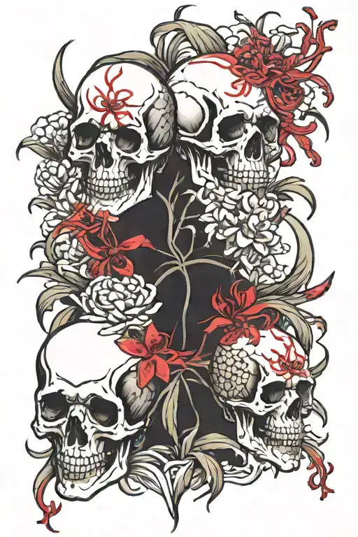 skulls and red spider lily tattoo design idea