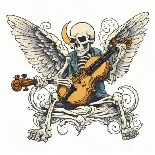 sad skeleton with long wings playing violin tattoo design idea