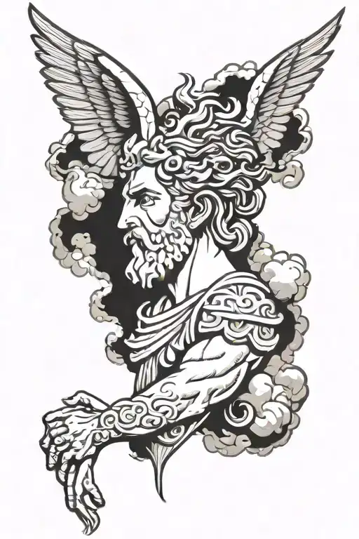 Greek mythology leg sleeve tattoo, at the top I want Zeus embellished in the clouds with a lightning bolt in his right  tattoo design idea