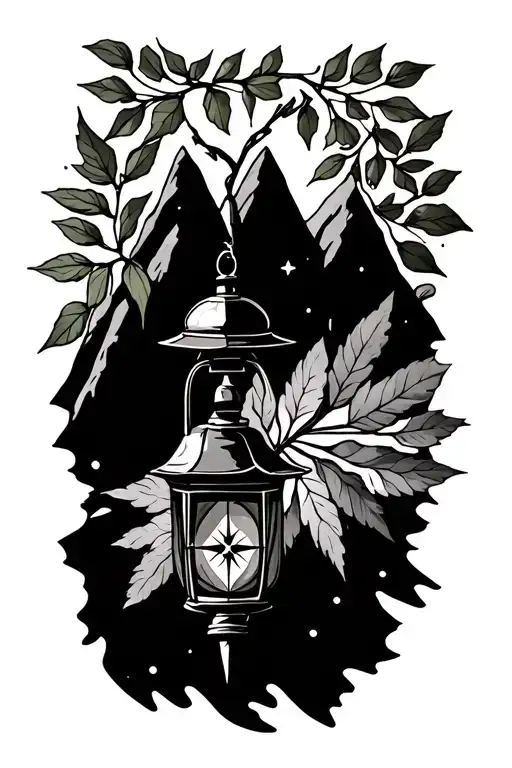 Mountain peaks , shepherds staff, olive branches sprouting new leaves, lantern with rays, compass with star points tattoo design idea