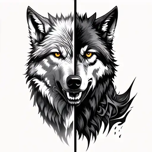 Wolf half good versus evil realistic tattoo design idea
