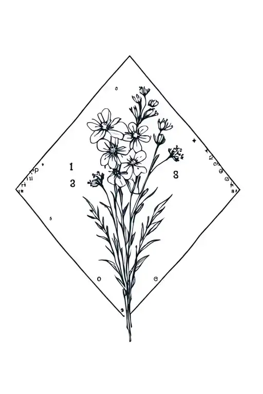 water little and larkspur bouquet in a diamond with Morse code incorporated into the sides of the outline  tattoo design idea