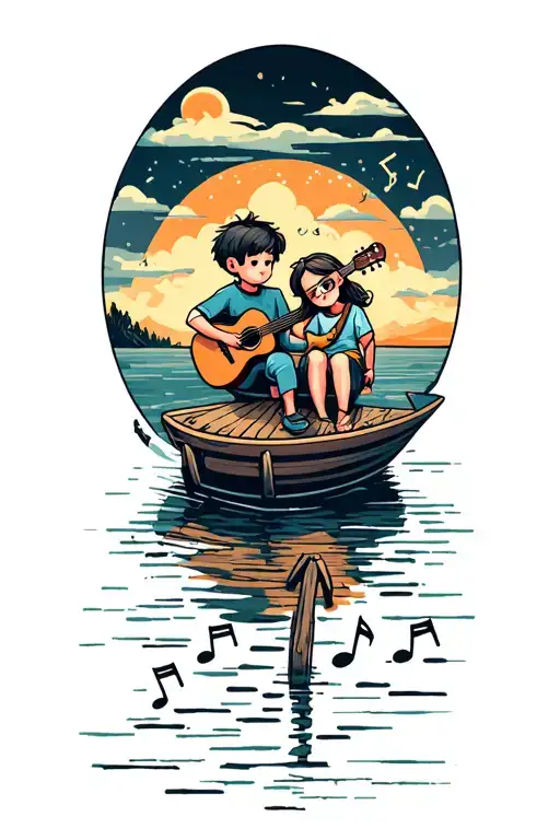 boy and girl sitting on a boat dock boy playing guitar with music notes tattoo design idea
