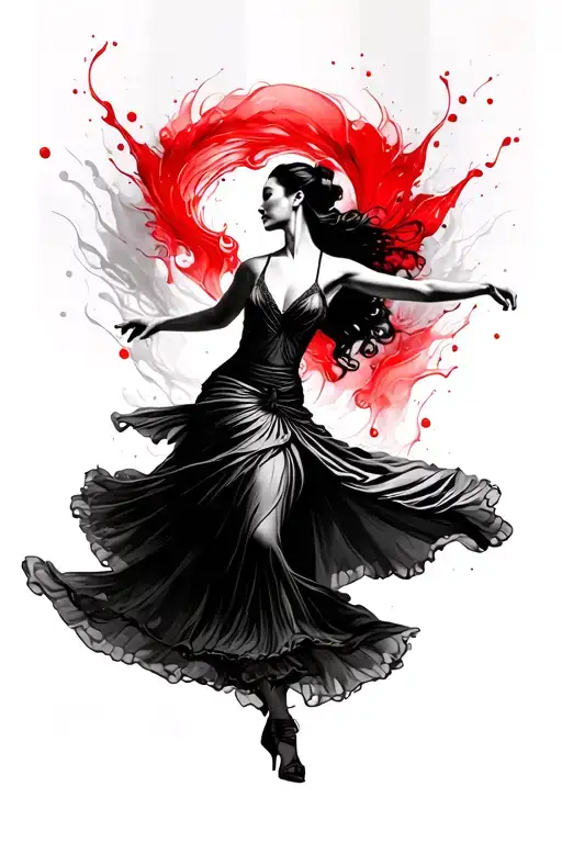 Black and white flamenco dancer, with red water -style touches and geometric lines tattoo design idea