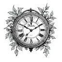 an old clock surrounded by vines tattoo design idea