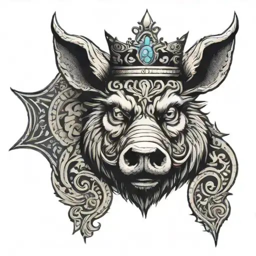 Angry boar head wearing a crown with blue eyes in a patterned background. tattoo design idea