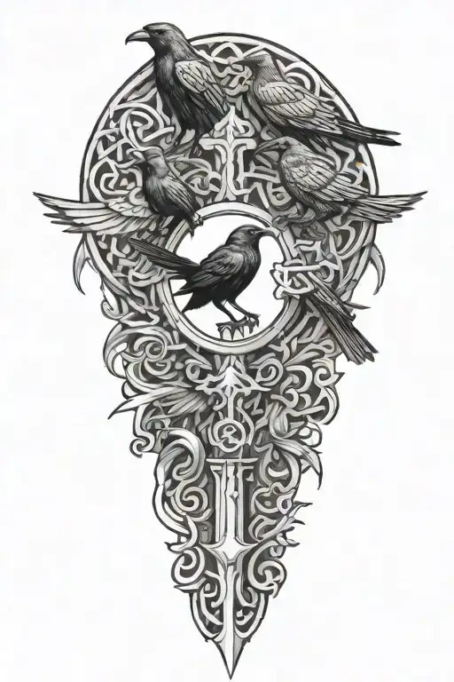 crow family crest with 2 large crows and 4 small crows with celtic cross tattoo design idea