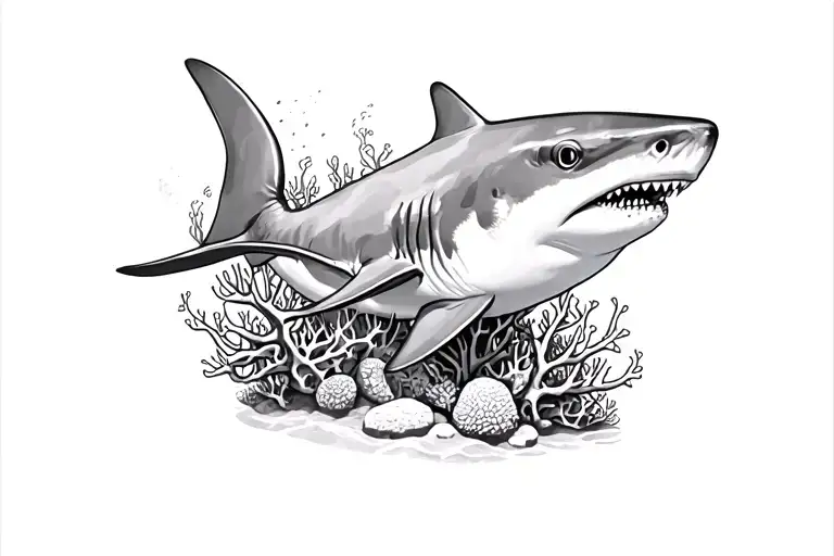 coral reef with shark realistic portrait tattoo design idea