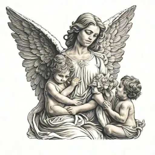 Woman angel with wings holding hands of 2 kids tattoo design idea