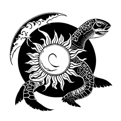 maori style turtle, sun and moon, with ocean wave and shark tooth. tattoo design idea