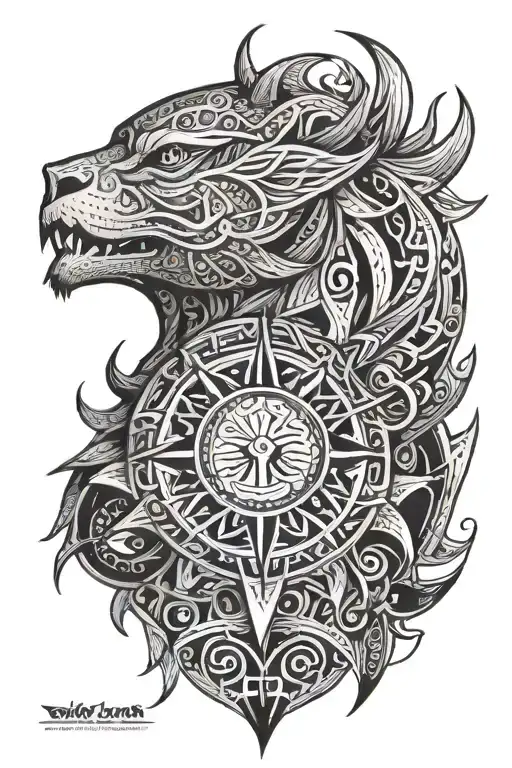 intricate tribal-esque inkwork tattoo that covers the upper body, neck, and shoulders and has sun imagery tattoo design idea