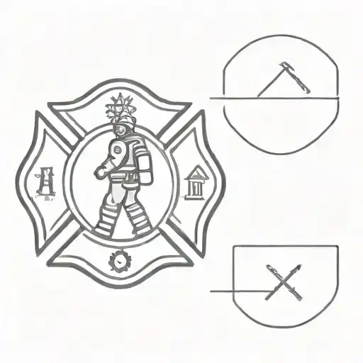 A minimalist design of a firefighter emblem with a silhouette of a family in the background tattoo design idea