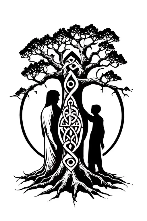 father and son keltic symbol in tree tattoo design idea